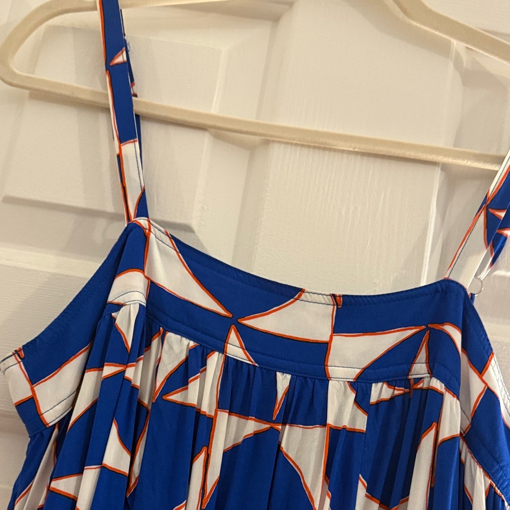 Chic Blue, White Orange Geometric Flowy Midi Dress Size M - Picture 2 of 2